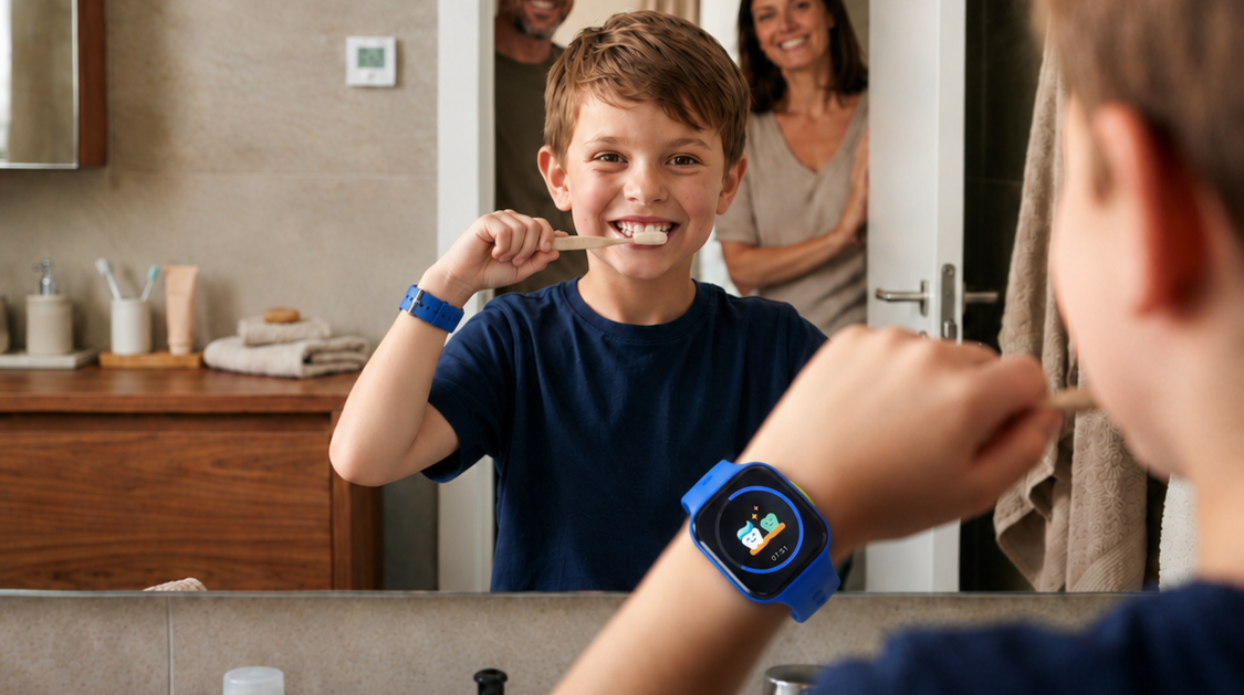 Enfant qui se brosse les dents avec sa montre Tempokido, parents souriants en arrière-plan
